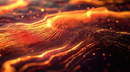 Poster - Futuristic topographic data visualization with glowing lines and particles creating a dynamic landscape, perfect for technology, research, and innovation themes.