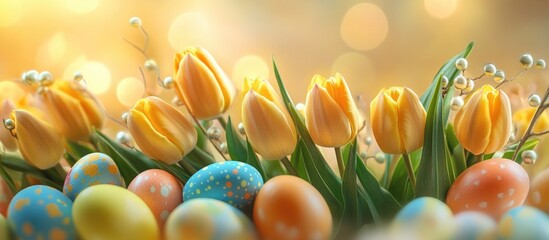 Poster - Yellow tulip flowers with colorful Easter eggs creating a vibrant spring celebration atmosphere in a blurred background.