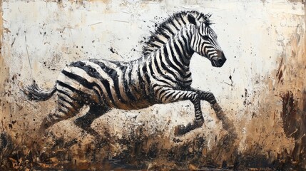 Fototapete - Highly detailed zebra in motion across the Serengeti captured with fluid paint strokes and impasto textures Abstract shapes and sharp edges create dynamic movement in the painting