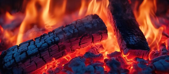 Poster - Glowing embers and burning logs creating a warm atmosphere in a campfire hearth setting