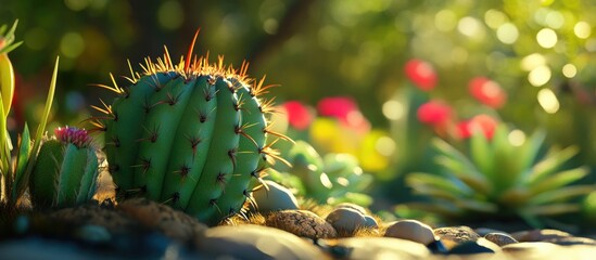 Poster - Close up of a vibrant cactus surrounded by colorful flowers in a sunlit garden setting during midday.
