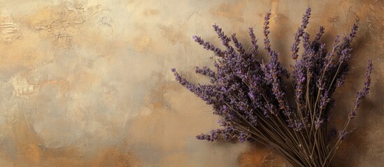 Aufkleber - Dried lavender flowers arranged elegantly on a textured brown background for a calming, rustic atmosphere.
