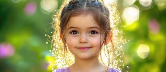 Poster - Portrait of a young girl with a serene expression surrounded by vibrant greenery and soft sunlight creating a magical atmosphere.