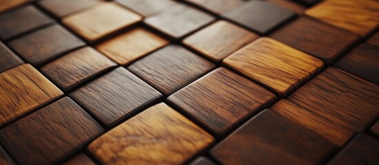 Poster - Detailed close-up view of an intricately arranged wooden tile surface showcasing rich textures and natural wood tones for a warm background.