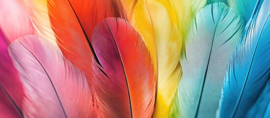 Poster - Vibrant Colorful Chicken Feathers Close Up Textured Background for Artistic and Nature Inspired Designs