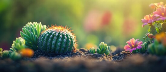 Poster - Close-up view of a cactus surrounded by colorful flowers in a vibrant garden setting with soft sunlight illuminating the scene.