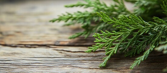 Aufkleber - Thuja branch arranged elegantly on rustic wooden surface highlighting natural textures and earthy tones for seasonal decor or gardening themes
