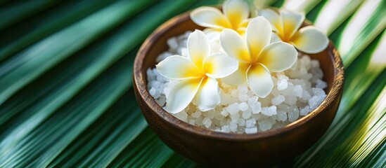 Poster - Bowl of frangipani flowers and sea bath salt on palm leaf creating a serene spa atmosphere for relaxation and wellness therapy