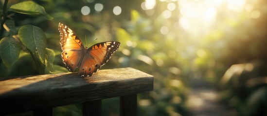 Poster - Butterfly perched gracefully on a wooden railing surrounded by lush greenery and soft sunlight illuminating the serene garden ambiance