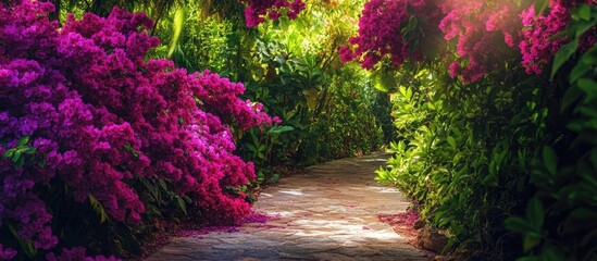 Poster - Vibrant bougainvillea flowers lining a serene garden pathway surrounded by lush greenery and natural sunlight.