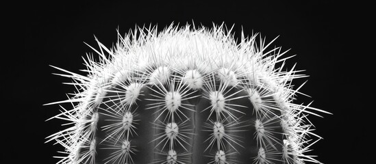 Poster - Detailed close-up of a cactus with prominent spines set against a black background highlighting its texture and geometric patterns.