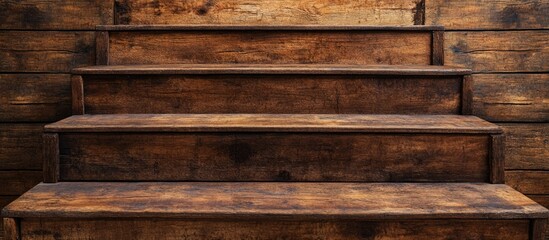 Poster - Brown wooden steps against a rustic wooden wall showcasing natural textures and warmth ideal for backgrounds or interior design concepts.