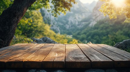 Poster - Aged wooden table in a serene forest with breathtaking landscape and empty space for creative text or product placement.