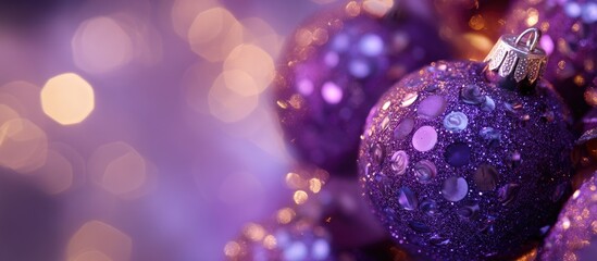 Poster - Close up of shimmering purple Christmas ornaments with selective focus creating a festive and vibrant holiday atmosphere.