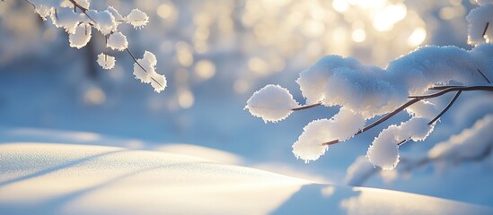 Poster - Snow-covered branches glistening in winter sunlight creating a serene and tranquil snowy landscape ambiance