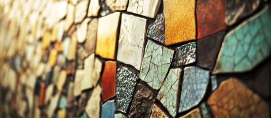 Poster - Vintage mosaic wall close-up featuring an abstract pattern of colorful tiles in warm tones and intricate textures ideal for artistic backgrounds.