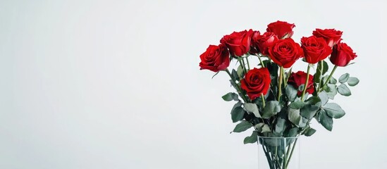 Poster - Bouquet of vibrant red roses elegantly arranged in a glass vase against a clean white background with ample copy space.