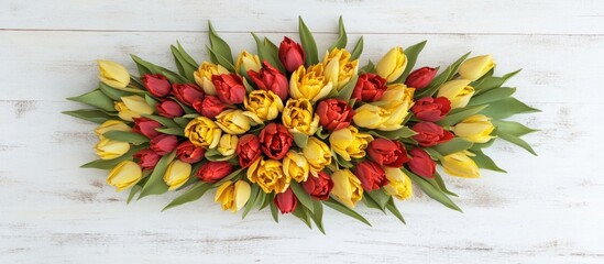Poster - Vibrant bouquet of yellow and red tulips on a rustic white wooden surface overhead view with ample copy space