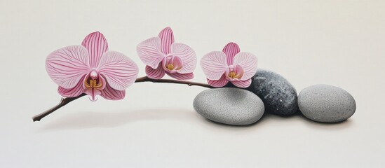 Poster - Elegant pink striped orchid branch with smooth gray stones on a clean white background for a serene and calming ambiance.