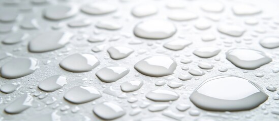 Poster - Close up of water drops on a white tile surface showcasing condensation with a soft focus and natural light effects.