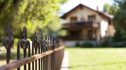 Poster - Close up of a rusty iron fence with blurred house in background providing a rustic feel and ample copy space for text or design elements