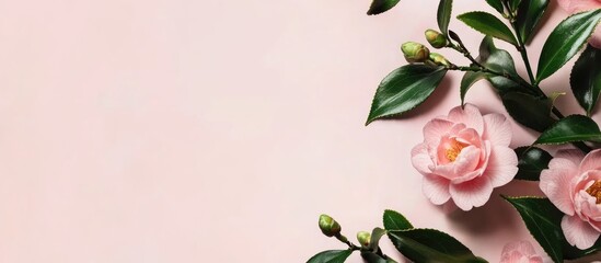 Poster - Camellia sasanqua flowers on a pink background with green leaves ideal for adding text or promotional content in floral design.