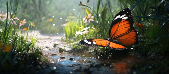 Poster - Vibrant butterfly resting on a sunlit path surrounded by lush greenery and delicate wildflowers in a serene natural setting