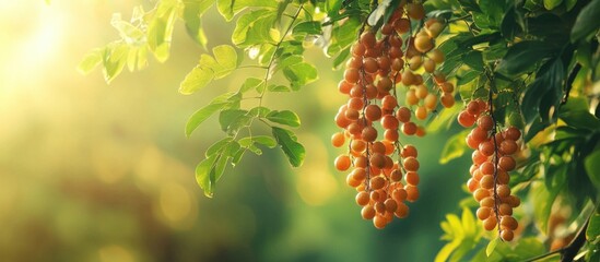 Poster - Burma Sal fruit hanging on tree branches in soft sunlight with blurred nature background depicting lush greenery and ripe orange berries.