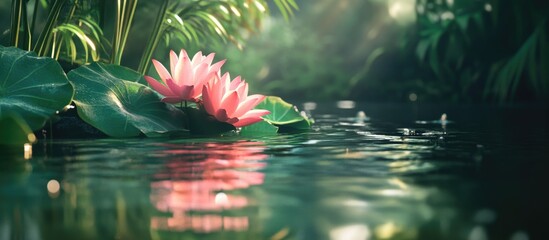 Aufkleber - Serene pink lotus flowers gracefully nestled in a tranquil pond surrounded by lush greenery and soft morning light.