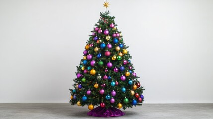 Poster - Christmas tree decorated with vibrant ornaments and a star top, featuring ample empty space for personalized holiday text or messaging.