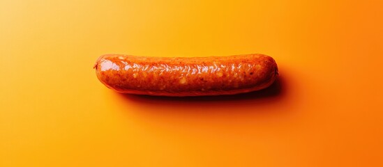 Poster - Cheese sausage on bright orange background showcasing texture and color for food photography and culinary presentation.
