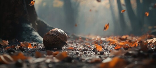 Poster - chestnut shell on forest floor surrounded by autumn leaves with soft light filtering through trees c