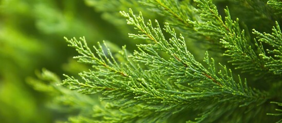 Aufkleber - Cypress tree branches close up showcasing lush green foliage and fine needle-like leaves in natural light.
