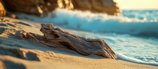 Poster - Closeup of textured driftwood on sandy beach with gentle waves and warm sunlight illuminating a serene coastal landscape