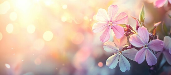 Poster - Close up of pink and white Phlox subulata flowers blooming in a bright, softly blurred natural background with bokeh effect.