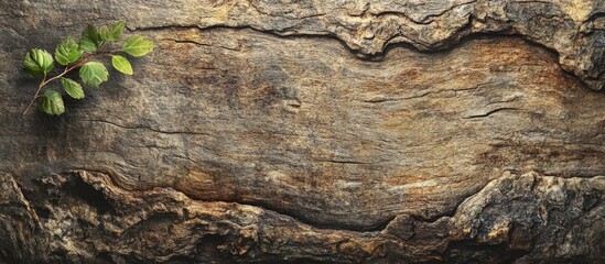 Poster - Close up of aged wooden log featuring a green twig showcasing natural texture and earthy tones for nature and rustic themes