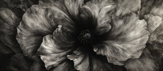 Poster - Close up of a black and white blooming flower featuring a prominent dark hole in the center highlighting intricate petal details