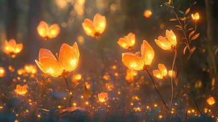 Poster - Glowing wildflowers in an evening setting, illuminated by soft orange light, capturing the tranquility and beauty of nature glowing charm.