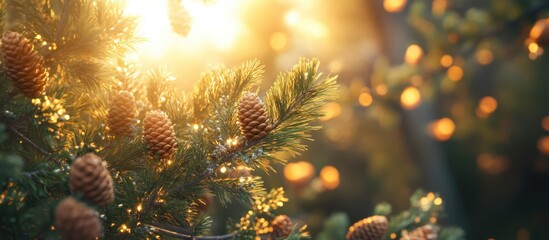 Aufkleber - Sunlit brown pine cones on branches of Pinus brutia pityusa surrounded by long needles in a spring sunset creating a serene natural atmosphere