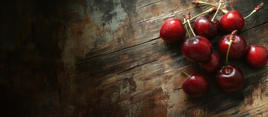 Poster - Fresh cherries arranged on a rustic wooden surface evoking a warm and inviting atmosphere ideal for culinary and lifestyle themes.