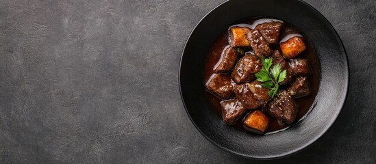 Poster - Braised beef back ribs in sweet soy sauce served in a black bowl with space for text overlay on a dark textured background