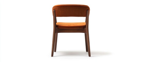 Poster - Brown wooden chair with orange cushion isolated on white background showcasing back view and elegant design for interior decor use