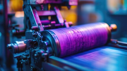 Poster - Close up of a vibrant purple and blue printing press cylinder with ample empty space for customized text and design elements.