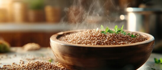 Aufkleber - Buckwheat groats and steaming porridge in wooden bowl with fresh herbs on rustic kitchen table close up culinary background