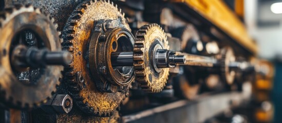 Poster - Close Up of Industrial Gear Mechanism on Assembly Line with Metal Components and Space for Custom Text