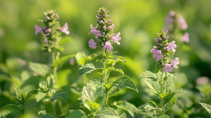 Poster - Lush greenery surrounds clusters of delicate pink flowers as the soft glow of evening light highlights their beauty, inviting tranquility and peace within nature's embrace