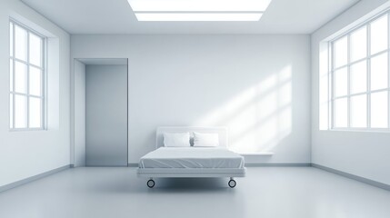 Poster - Minimalistic hospital room design featuring a single bed, white walls, and natural light creating a serene atmosphere perfect for medical settings.
