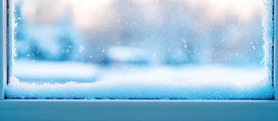 Poster - Close up of frosted winter window showcasing pale blue hues with a blurred snowy view suitable for adding text or graphics.