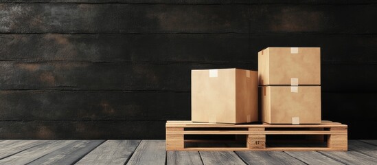 Poster - Cardboard Boxes Stacked on Wooden Pallet in Warehouse with Dark Wood Background and Empty Space for Text or Branding