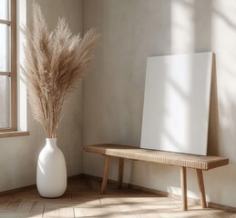 Aufkleber - Minimalist Interior Scene with Pampas Grass and Wooden Bench in Serene Contemporary Style